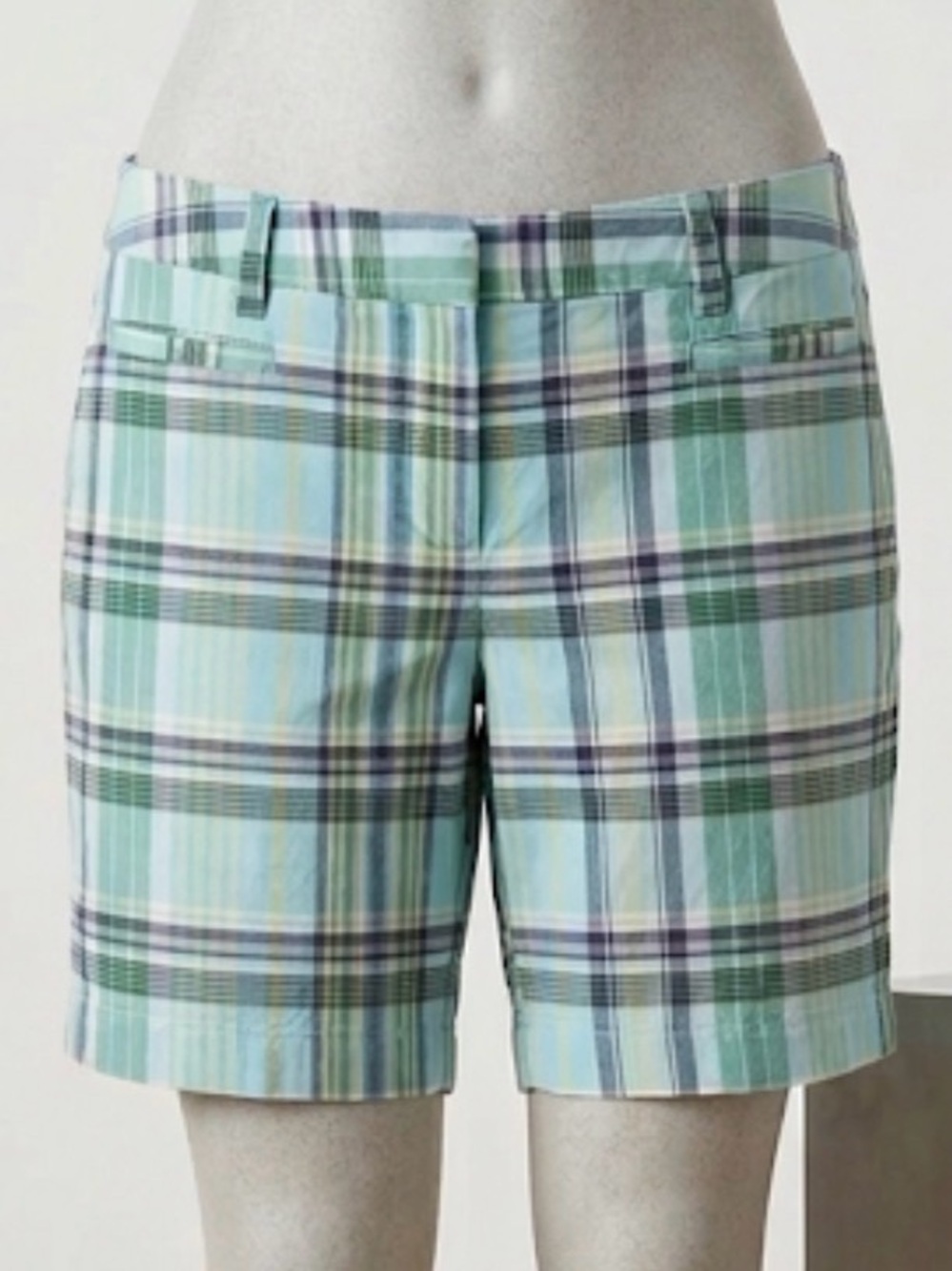 Lands' End Women's Plaid Chino Shorts - Size 12P Fit 2 Green & Yellow Preppy